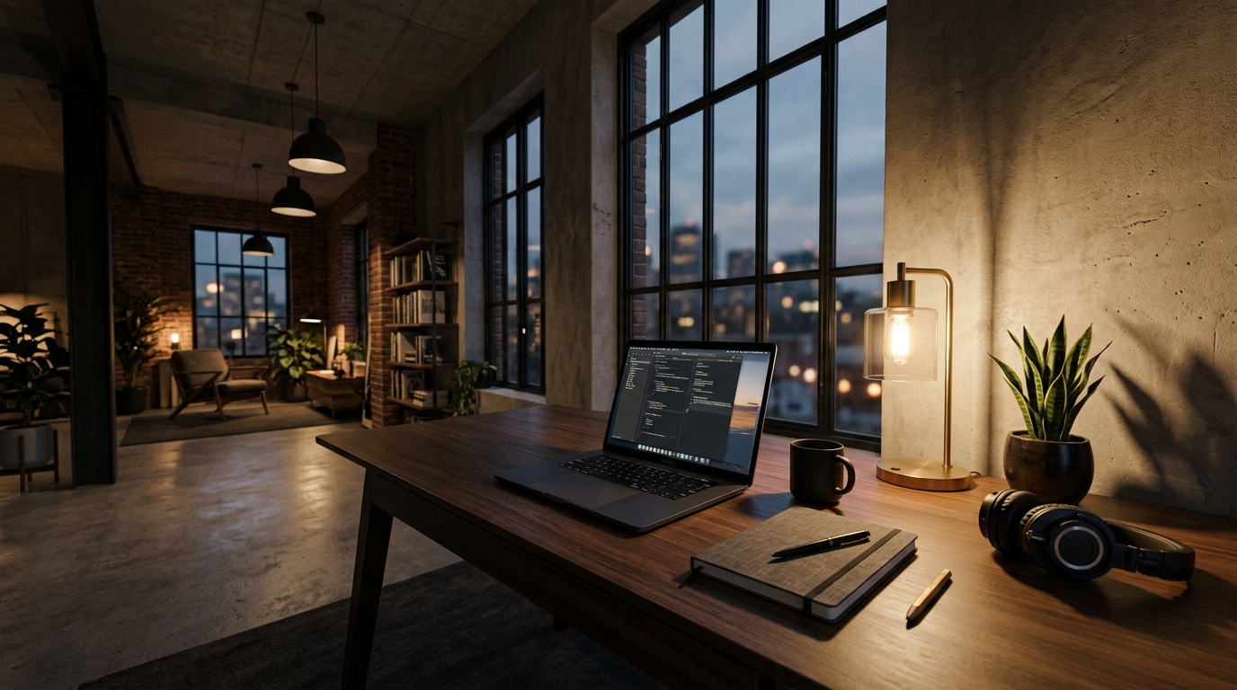 Moody, warm-lit interior desk scene